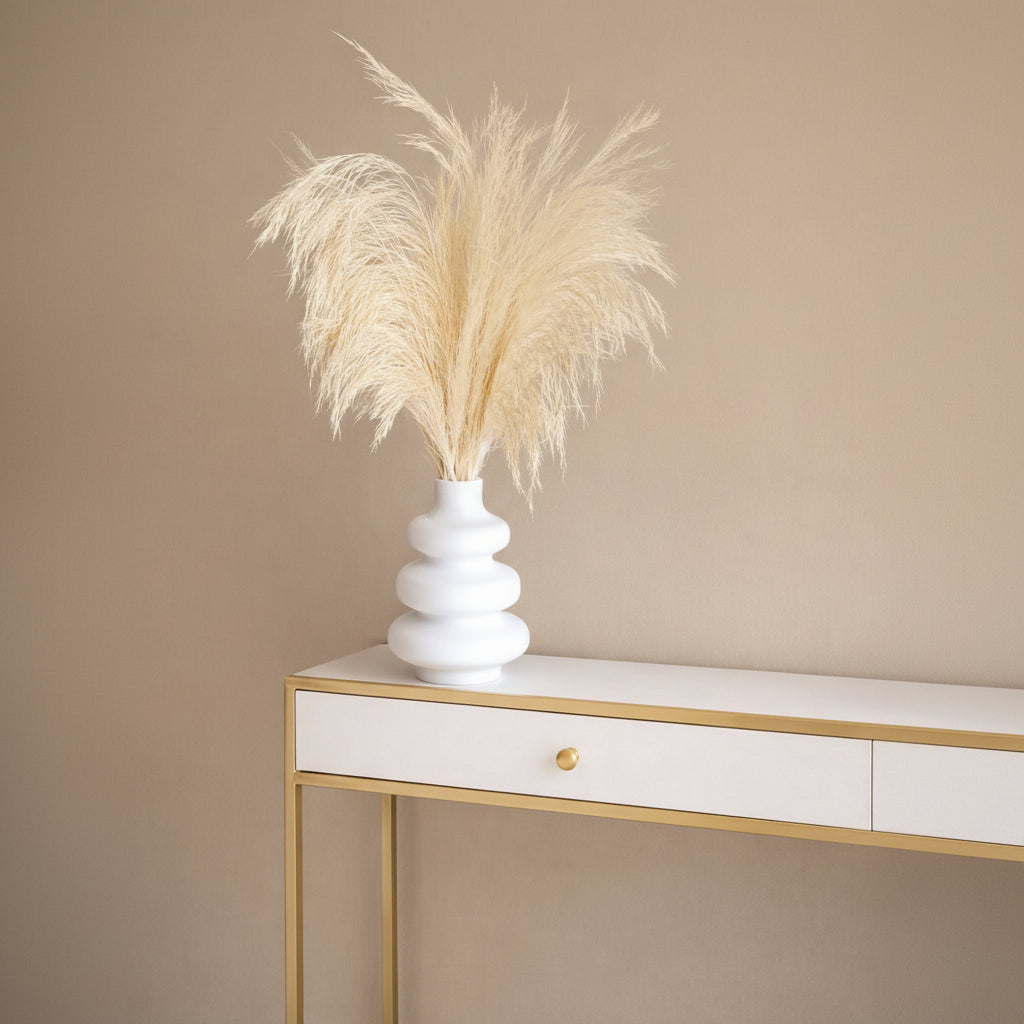 Pampas grass arrangement in plastic Nordic vase, minimalist décor for home or office