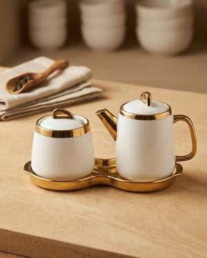 Gemelli Colllection 2pc porcelain kettle and sugar dish set white gold elegant tea coffee serving set sugar bowl 200ml kettle 350ml luxury tableware decorative kitchen serving set