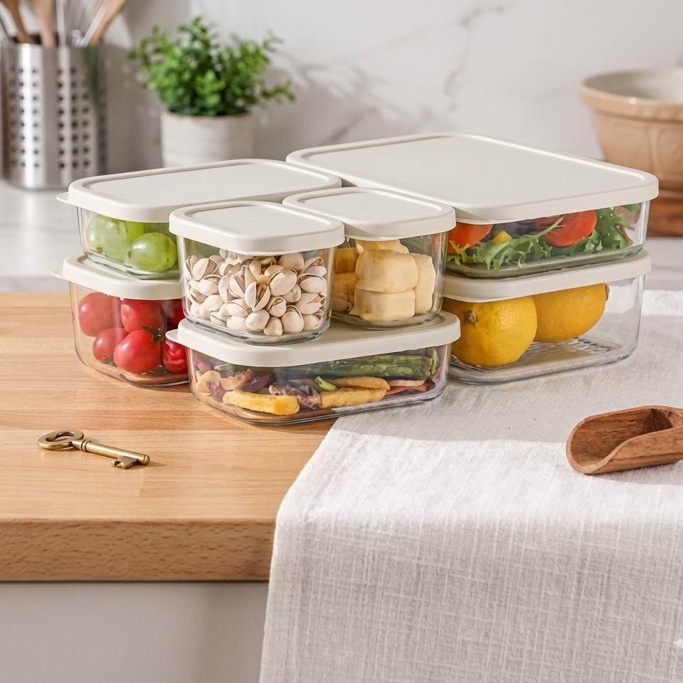 Gemelli Colllection 7pcs food grade glass lunch box set airtight meal prep containers microwave safe stackable kitchen storage set