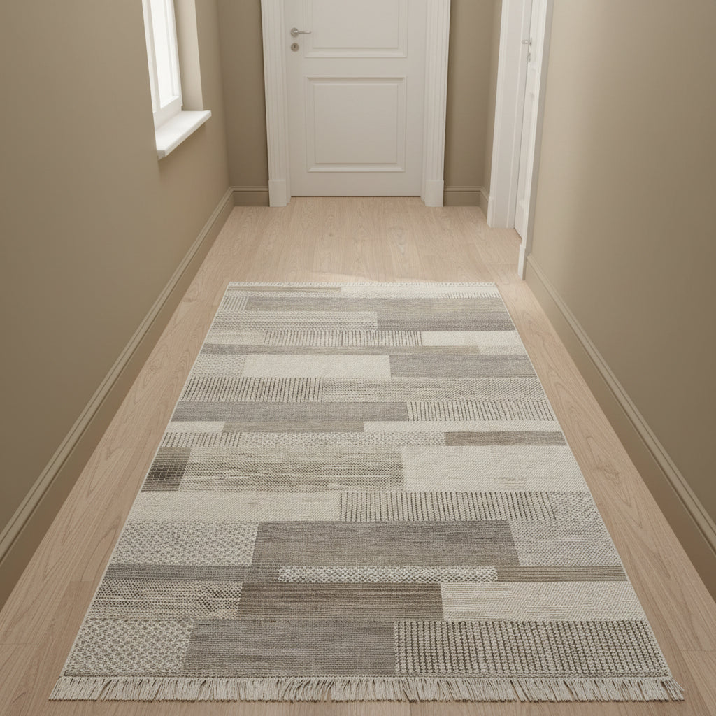Gemelli Collections Oriental Weavers Kemet KBORIE197 beige grey patchwork jute look corridor runner rug.