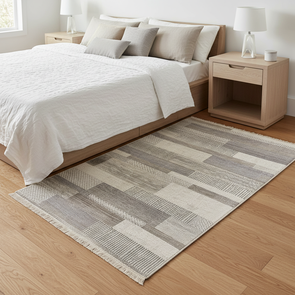 Gemelli Collections Oriental Weavers Kemet KBORIE197 beige grey geometric patchwork jute look rug with fringe.