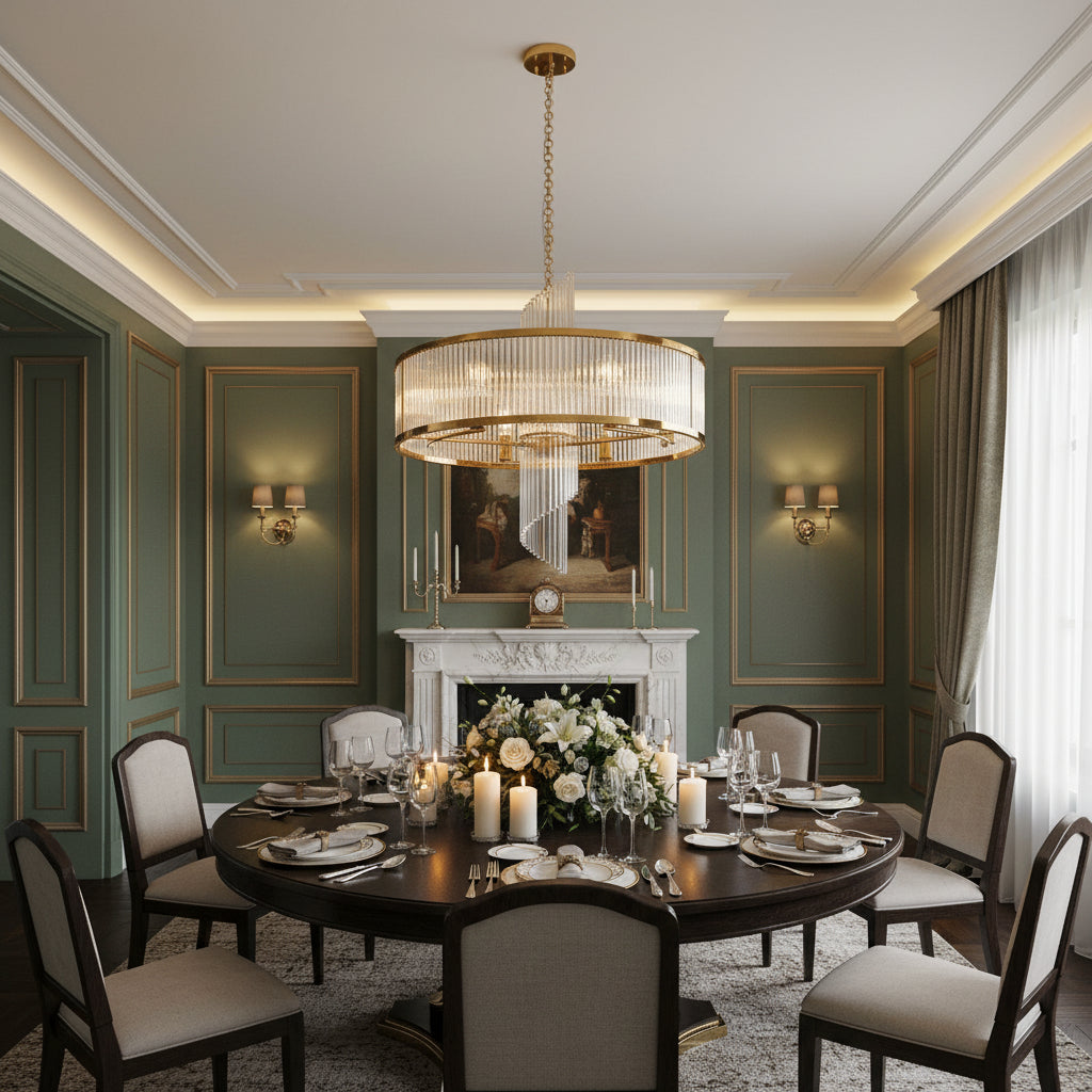 Gold drum crystal chandelier with vertical K9 crystal rods and cascading center waterfall design creating a modern glam luxury lighting effect.