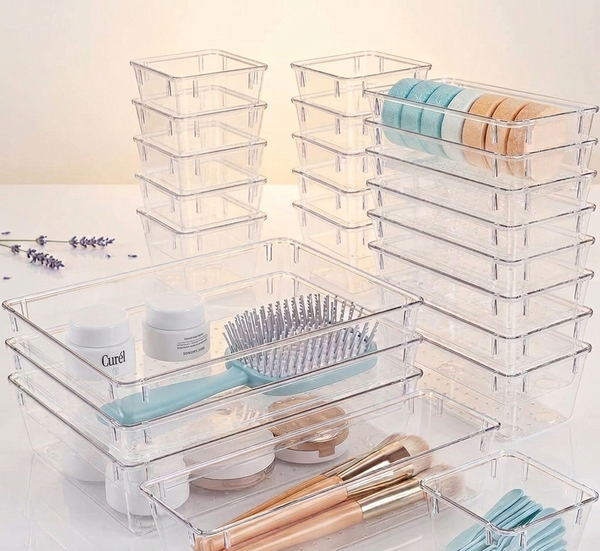 28 piece acrylic drawer organiser set for home and office storage compartments