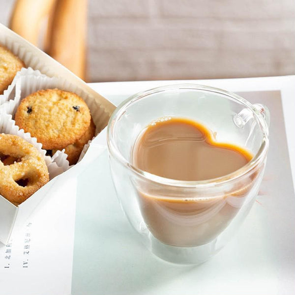double wall love glass mug 240ml made from lightweight borosilicate glass with insulated design resistant to temperatures from minus 20 to 150 degrees Celsius