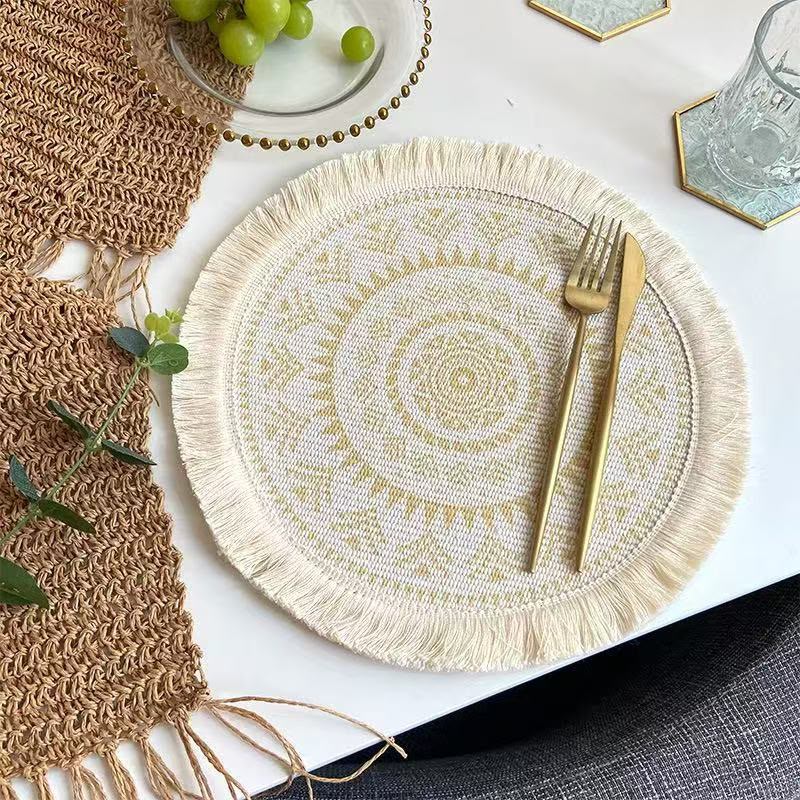 6 piece boho round woven placemat set with heat resistant machine washable design for dining table protection and decorative table settings