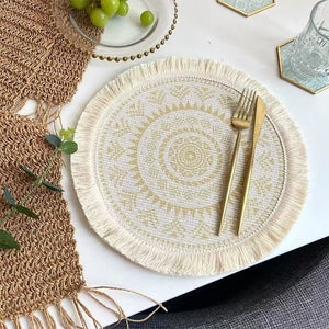 6 piece boho round woven placemat set with heat resistant machine washable design for dining table protection and decorative table settings