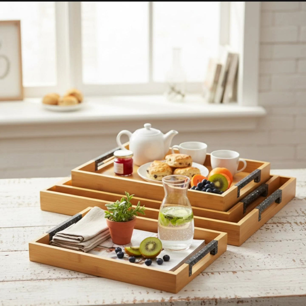 Bamboo Tray With Granite 3PCs