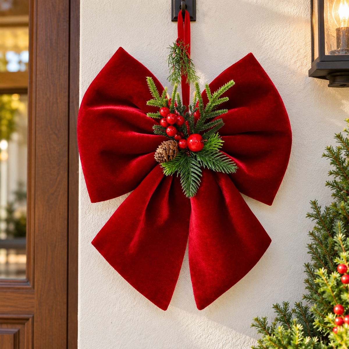 Wine Red Velvet Christmas Tree Bow Ornament with Pine Needle Accent
