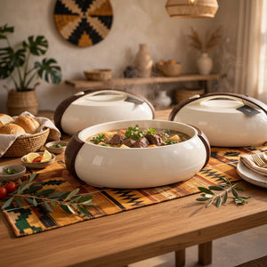 Forever Gold 3-piece oval hotpot set in 4L, 5L and 6L sizes with insulated walls, push-lock lids and wood finish handles.