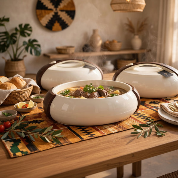 Forever Gold 3-piece oval hotpot set in 4L, 5L and 6L sizes with insulated walls, push-lock lids and wood finish handles.