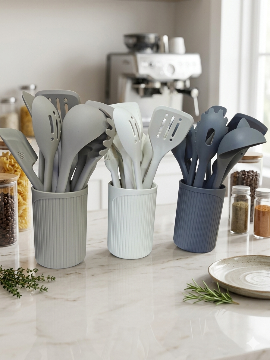  Silicone Spoon Set – Heat-Resistant, Non-Stick Safe Kitchen Utensils in White, Grey, and Brown, Durable and Easy to Clean