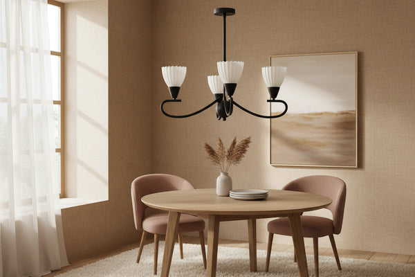 Three-arm ceiling pendant light with frosted glass shades, black and white E14 indoor decorative lighting fixture