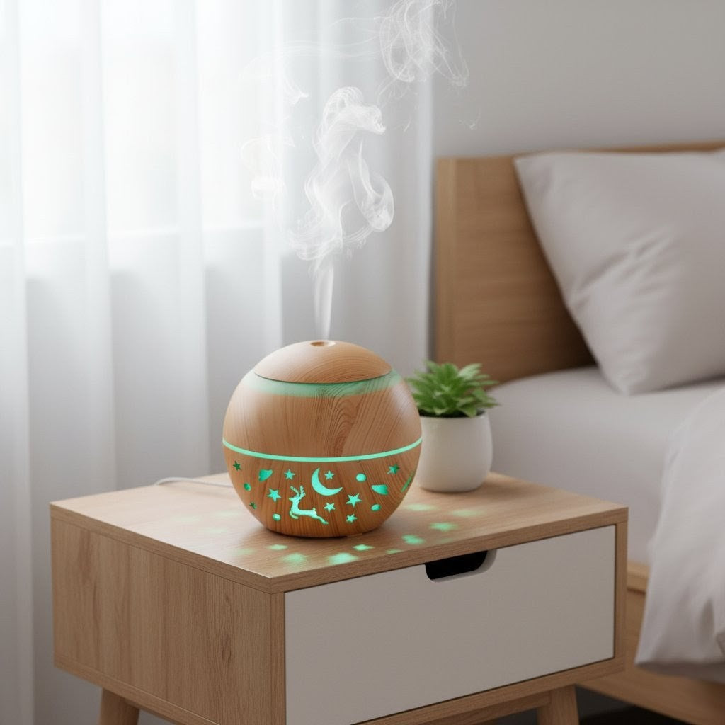 Wood mushroom-shaped humidifier diffuser with LED light