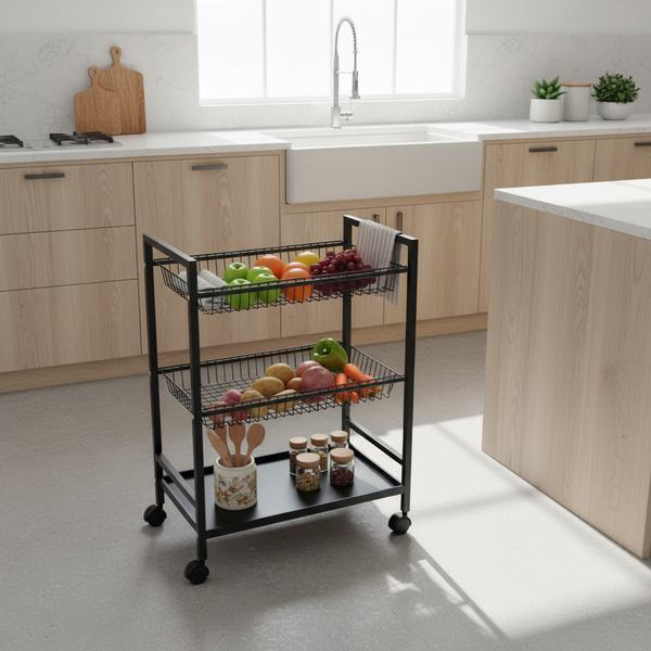 Three tier storage cart with mesh baskets and wheels designed for kitchen, bathroom, and home organisation and storage.