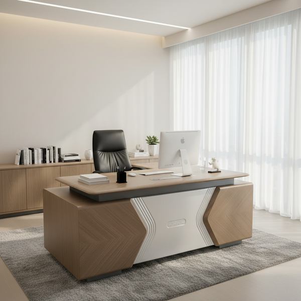 2 Metres Executive Office Desk  - Chevron Oak Finish with Silver Geometric Front and Power Port