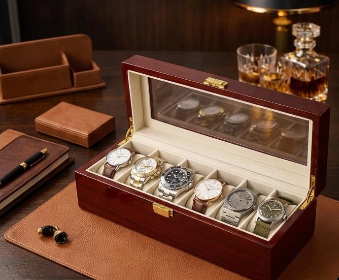6-Slot Wooden Watch Case