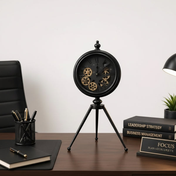 Tripod vintage moving gear clock with decorative mechanism and tabletop base for living rooms, offices, bedrooms, study areas, shelves, and console tables