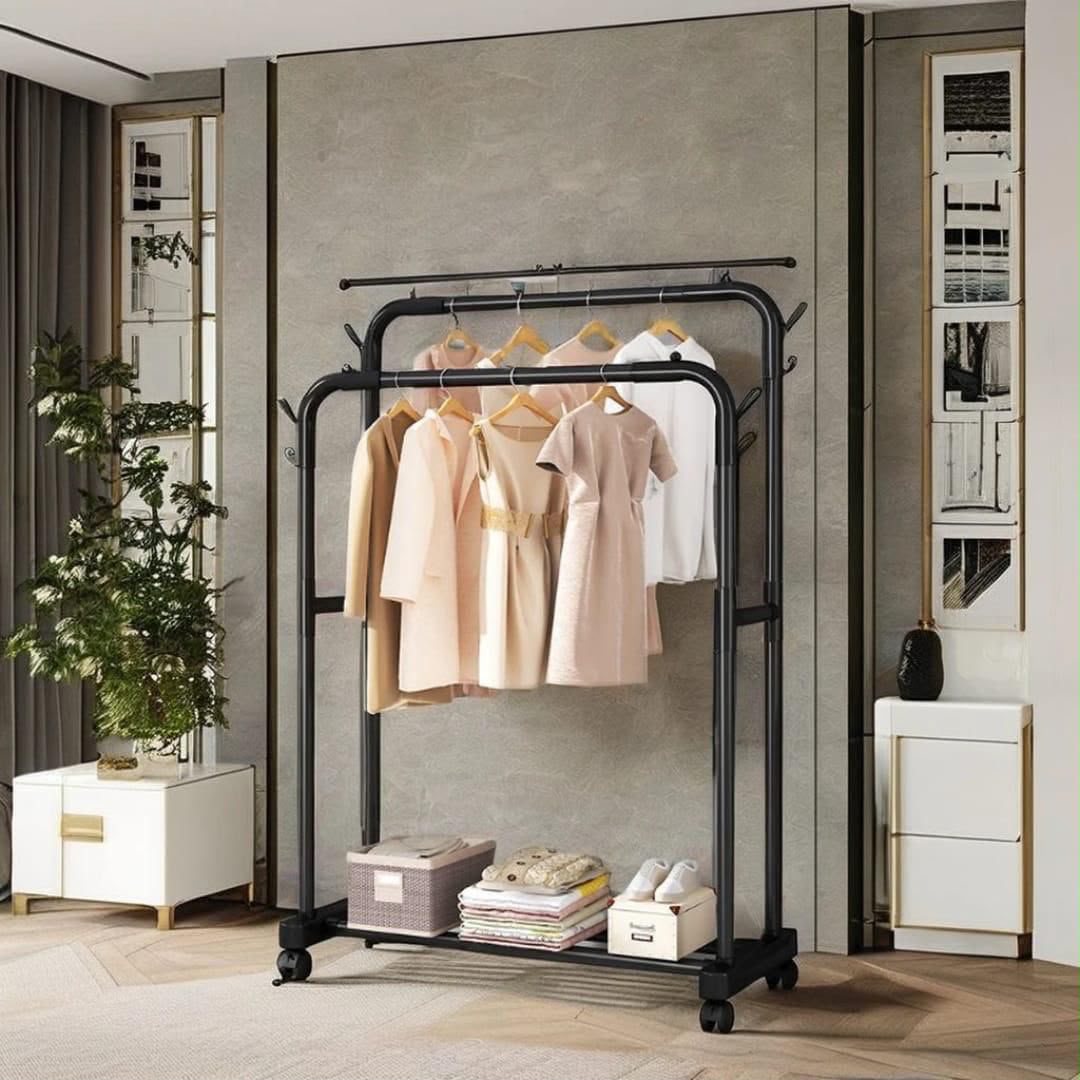 Double pole wheeled clothes rack with bottom shoe rack metal garment organiser for bedroom laundry room walk-in closet and clothing storage.
