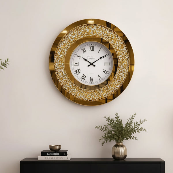 Crystal wall clock with decorative detailing for living rooms, bedrooms, dining areas, offices, reception spaces, hallways, and interior wall décor.