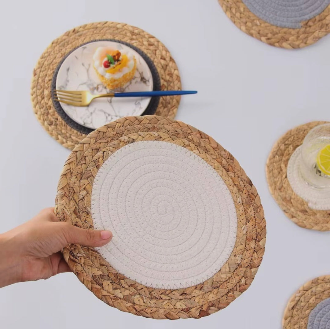6 piece eco friendly cotton rope woven straw mat set measuring 35cm for dining tables countertops and decorative table styling