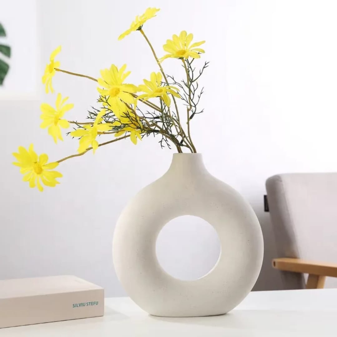 Circular Donut White Ceramic Vase