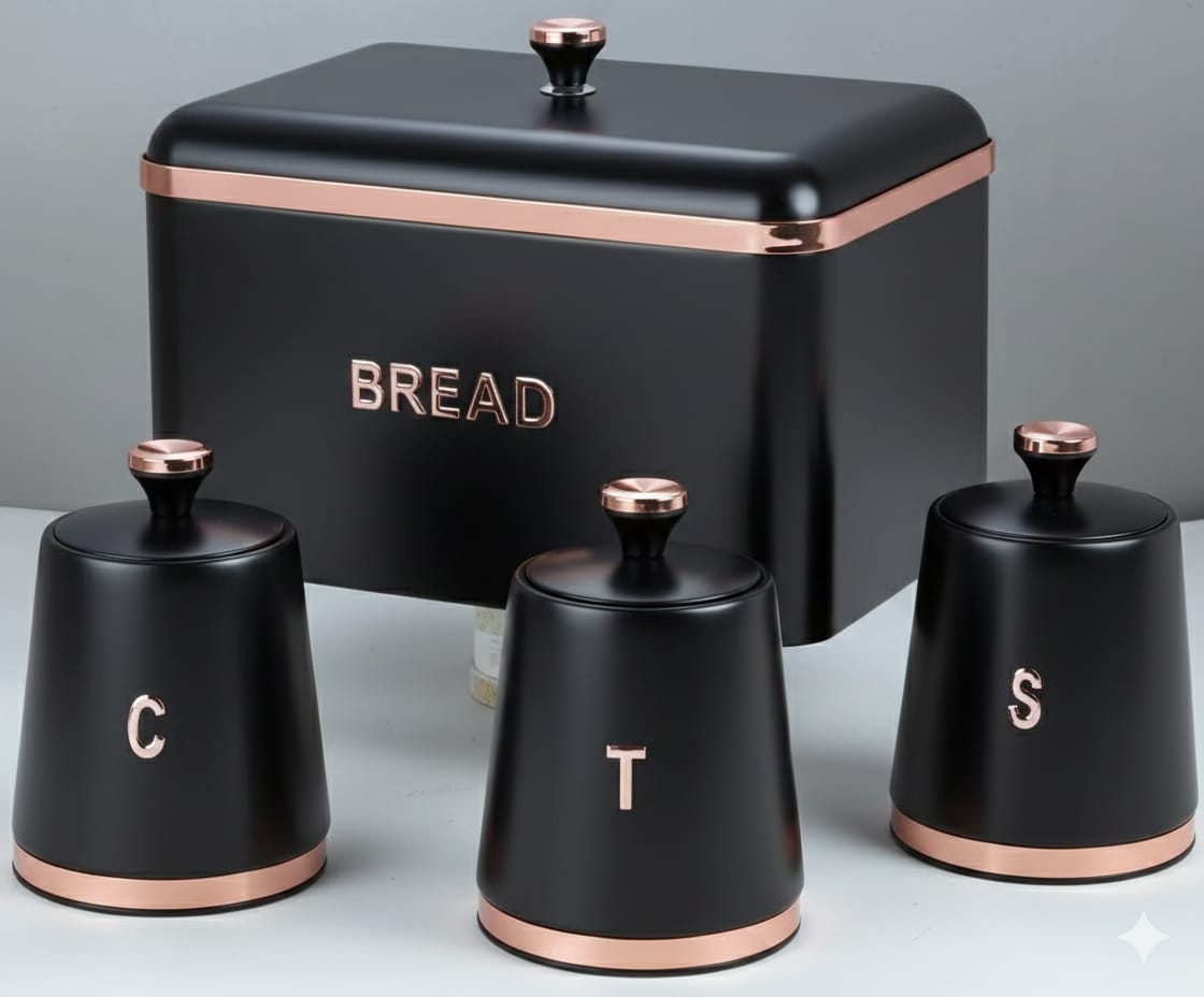 Bread bin and three canister set in black, white, grey, and green for kitchen countertop storage.