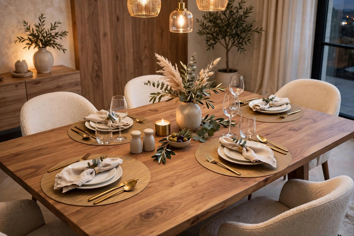 6-piece set of metallic bronze effect round table mats measuring 38cm, designed to protect dining tables while adding a decorative touch.
