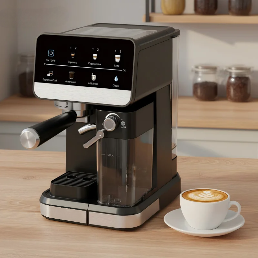 1350W espresso coffee maker with ULKA 20 Bar pump, LED colour touchscreen, automatic milk frother, dual thermoblock heating, and Espresso, Cappuccino, Latte, Americano, and cold brew functions