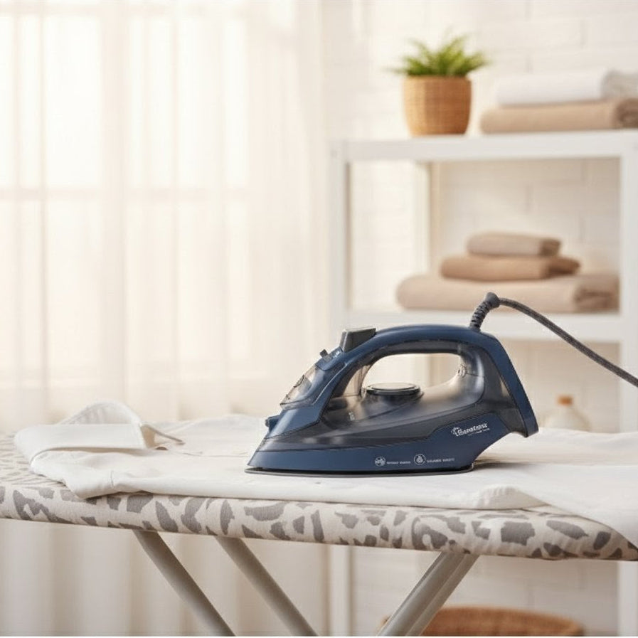 grey and blue steam iron with non-stick soleplate and vertical steam function