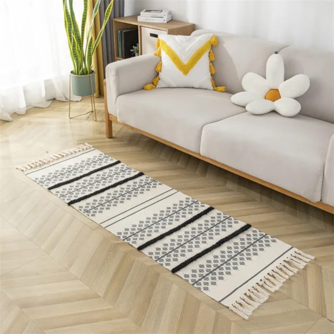 Gemelli Collections Cotton Linen Bedside Living Room Mat with Tassels 60 x 180cm decorative indoor floor rug