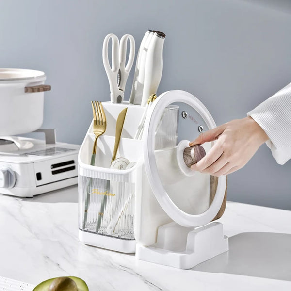 Acrylic cutlery organizer with multiple compartments for storing spoons, forks, knives, and kitchen utensils, available in white, black, and grey.