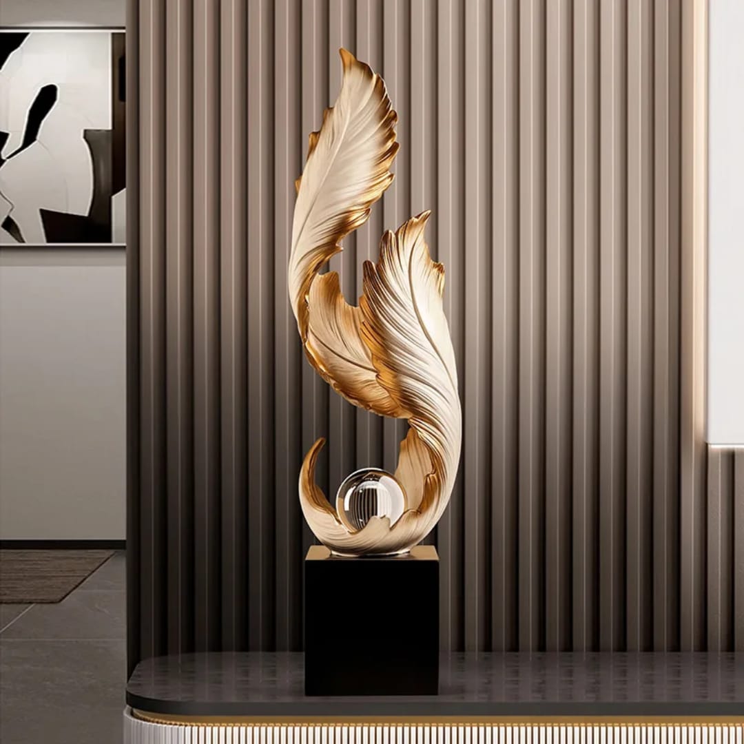 Gemelli Collections white and gold feather sculpture with crystal ball on black base decorative resin ornament 70cm