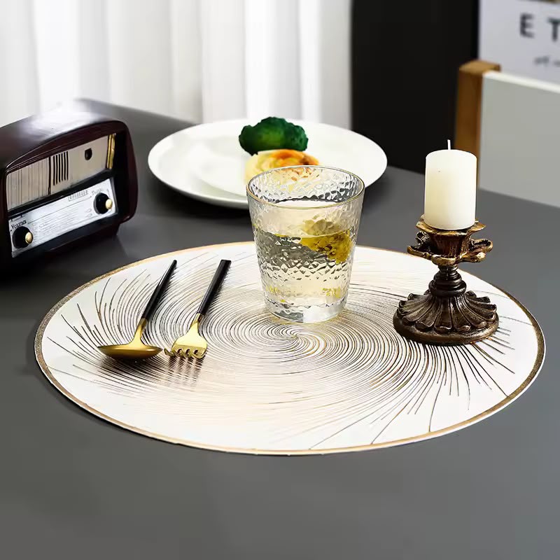 6 piece round PVC placemat set with swirl firework compass pattern heat insulating washable table mats available in silver and gold