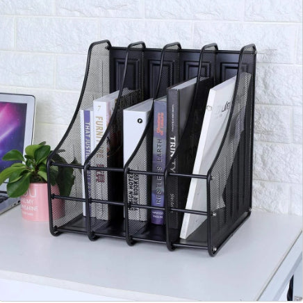 Metallic mesh desk organiser multi compartment office stationery holder for pens pencils scissors notepads and desktop organisation.