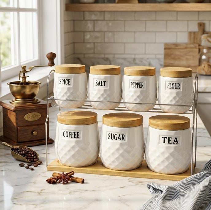 8-Piece Ceramic Canister Set with Tray – Ribbed Storage Jars with Airtight Bamboo Lids for Tea, Coffee, Sugar, Spices, and Kitchen Organisation