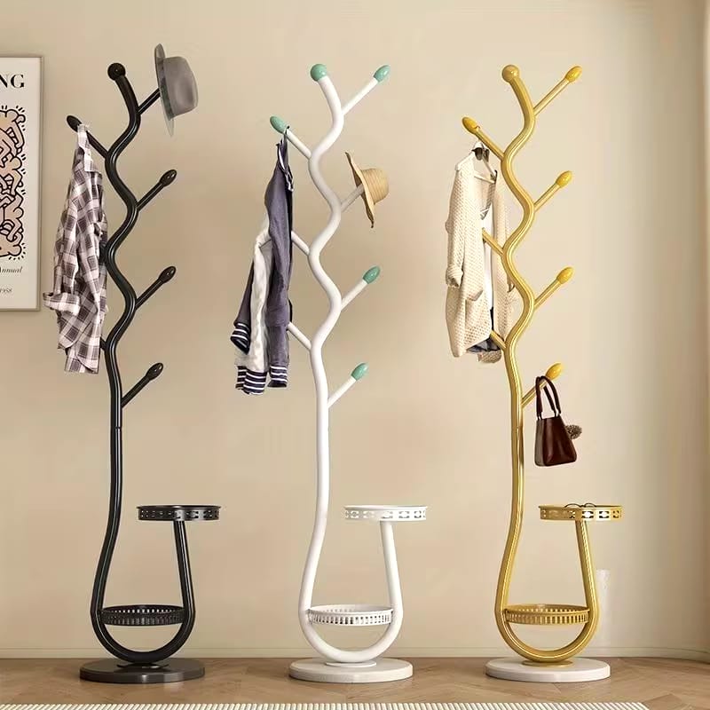 Cream style floor standing coat rack with durable metal frame for organising coats bags hats and accessories in entryways bedrooms and offices.