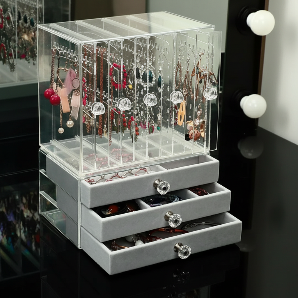 Gemelli Collections acrylic jewelry storage organiser transparent jewellery organiser with multiple compartments for rings earrings necklaces bracelets watches vanity dressing table and bedroom accessory storage.