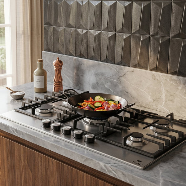 TLAC 90cm built in stainless steel gas hob with 5 burners and central wok burner for modern kitchens. 