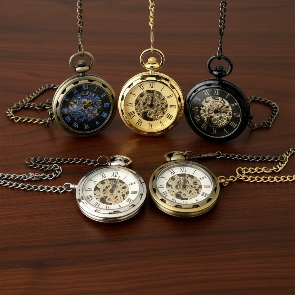 Gemelli Collections antique skeleton mechanical pocket watch with chain available in gold, silver, bronze, black and blue finishes