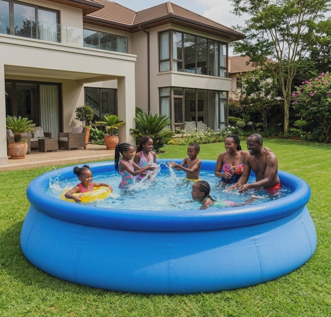 Inflatable family swimming pool with 2419L capacity measuring 8ft x 30in, suitable for children and adults in gardens, compounds, and outdoor spaces