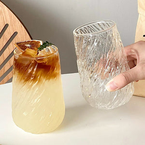 380ml high borosilicate glass tumbler with cyclone texture design for serving water juice cocktails and other hot or cold beverages.