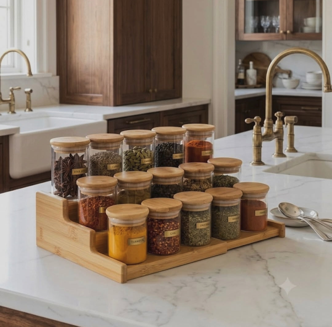 12-piece glass spice jar set with bamboo lids and storage stand kitchen seasoning containers for salt pepper herbs spices and countertop organisation.