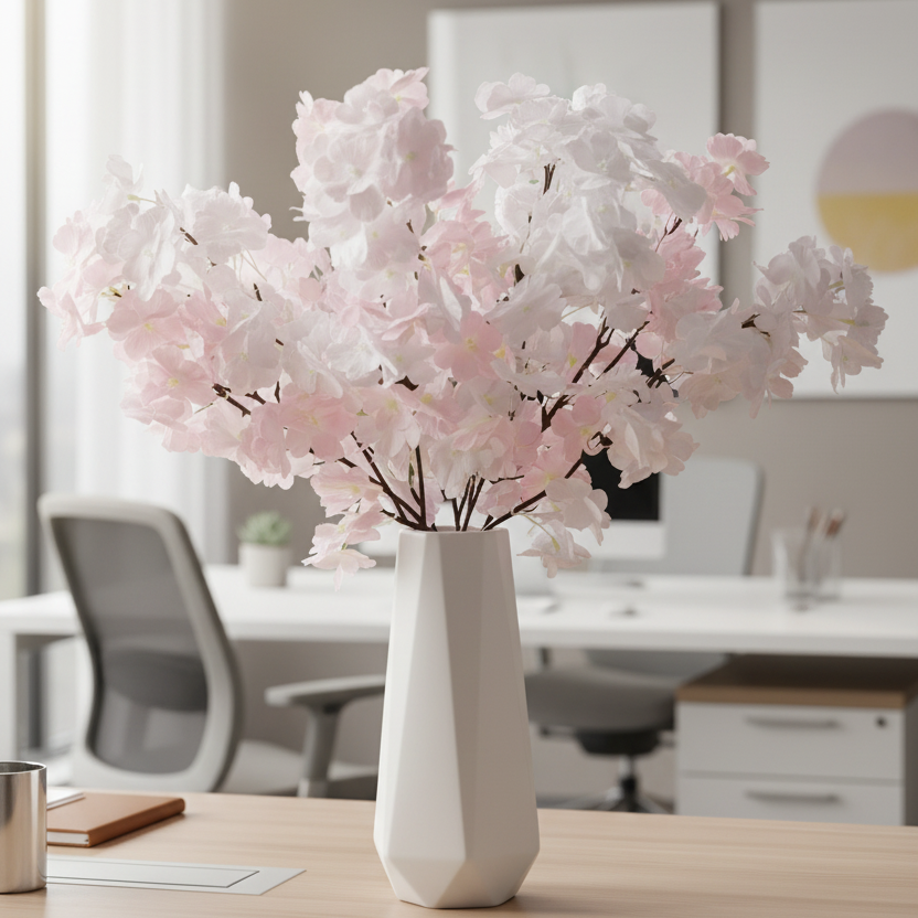 Artificial cherry blossom flowers in a plastic vase for home and office décor