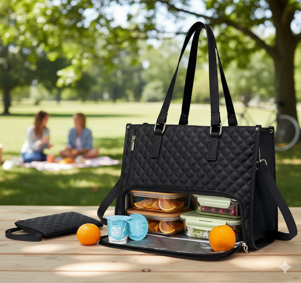 Black quilted handbag with picnic items on a wooden table in a park.