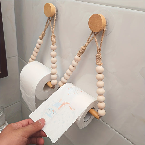 Boho Style Toilet Paper Holder – Rustic Wooden Bead and Hemp Rope Tissue Holder for Bathroom Décor and Toilet Roll Storage