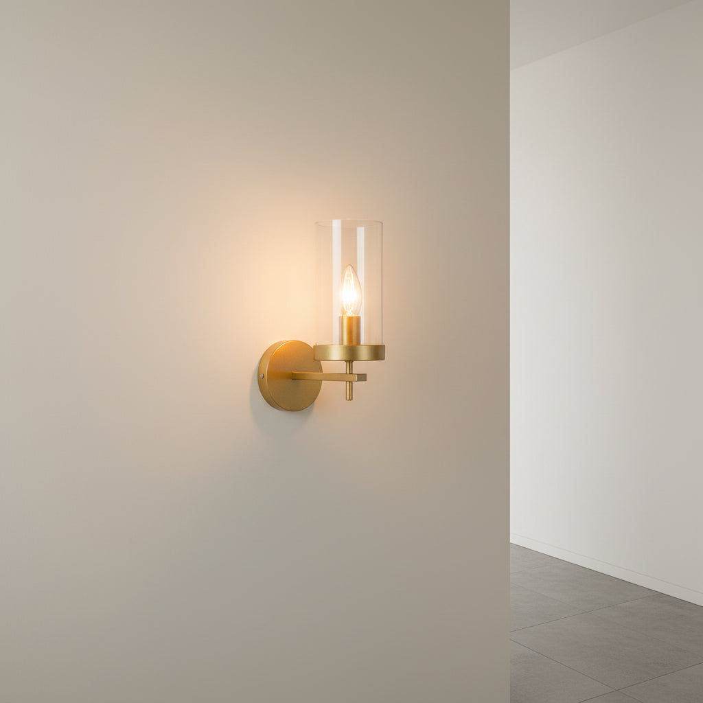 Golden and clear glass wall lamp with iron frame, elegant E14 indoor decorative lighting fixture