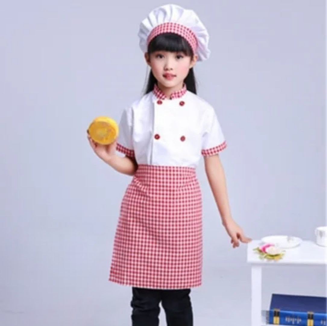 3-piece children’s professional chef costume set with apron, hat, and jacket, suitable for ages 5–14