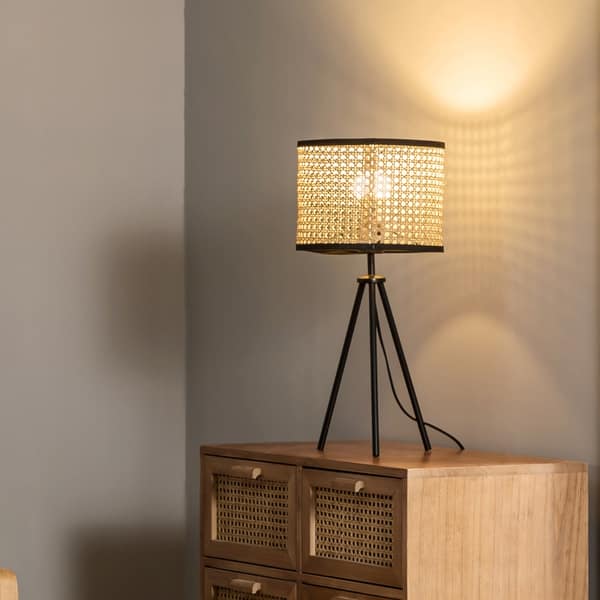 rattan tripod table lamp measuring 30x52cm featuring a natural woven rattan shade and sleek black tripod stand