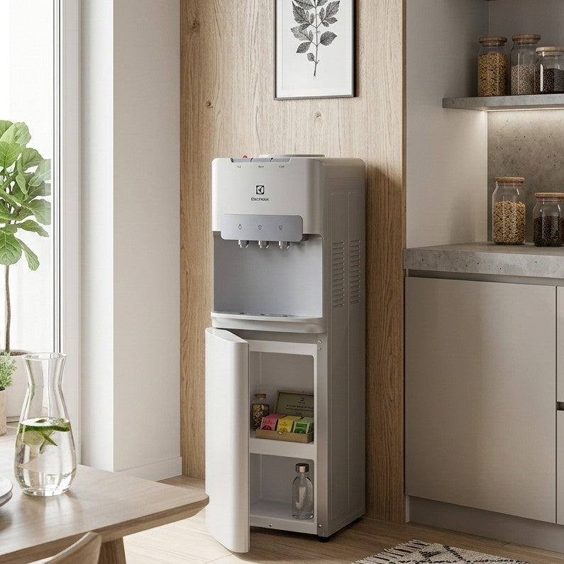 Electrolux UltimateHome 300 top loading water dispenser with hot and cold water and 9L cabinet storage. 