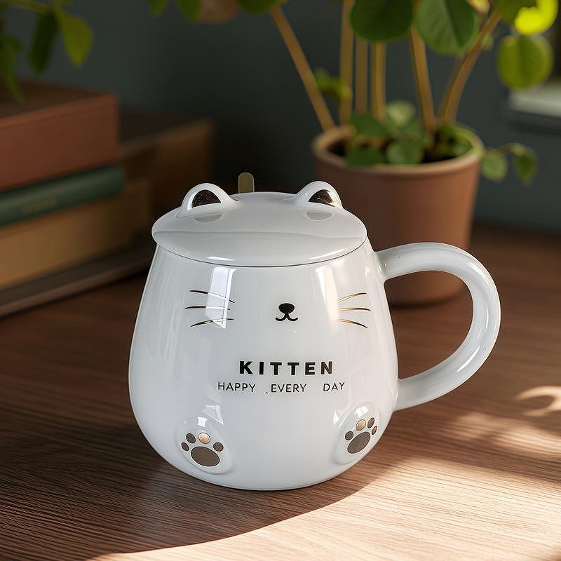 Glossy Kitten-Themed Coffee Mug with Lid and Spoon